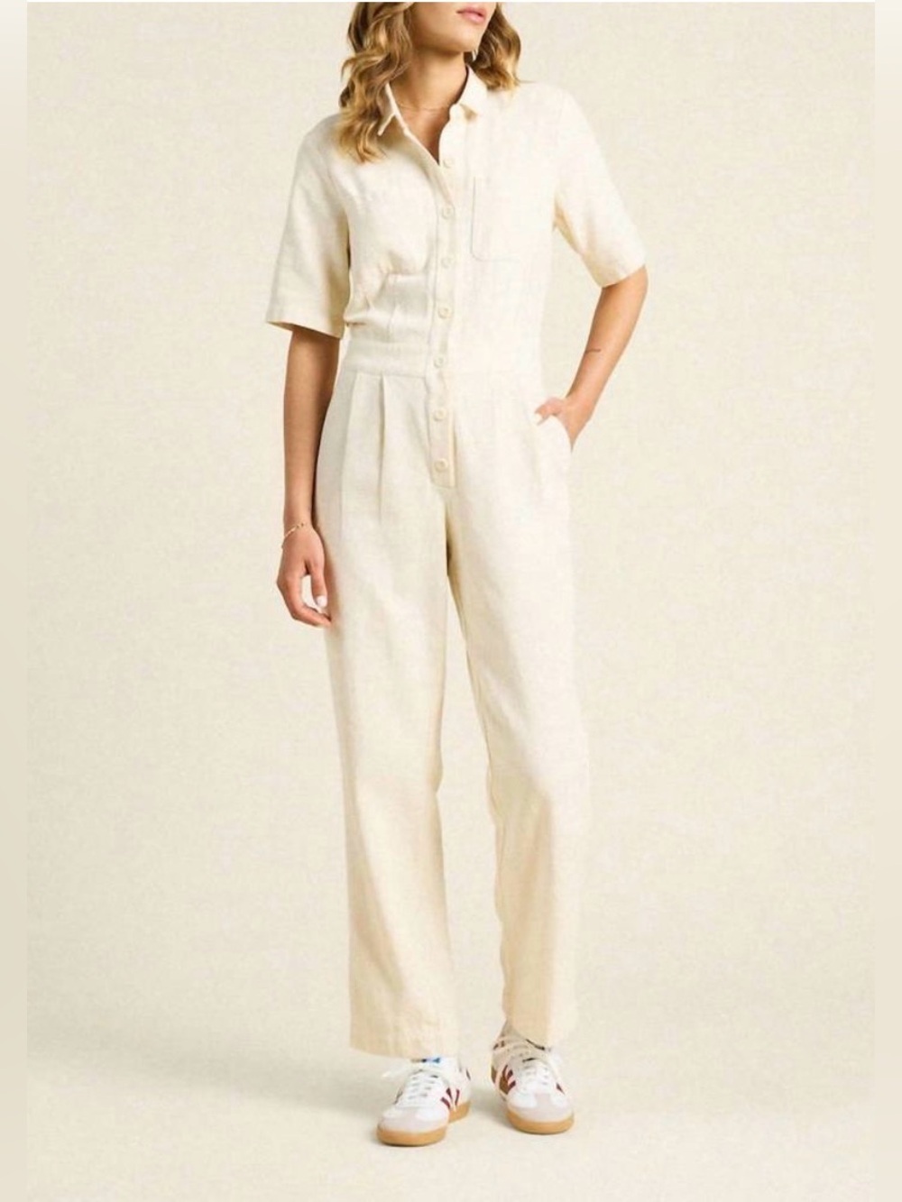 NEW TROVATA Birds of Paradise Audra Short Sleeve Jumpsuit Ivory Large